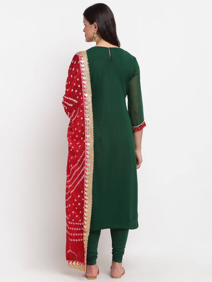 anokherang Combos Emerald Green Georgette Mirror Kurti with Churidaar and Red Bandhani Dupatta
