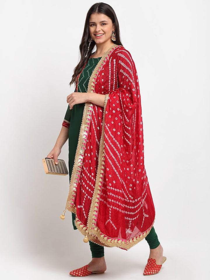 anokherang Combos Emerald Green Georgette Mirror Kurti with Churidaar and Red Bandhani Dupatta
