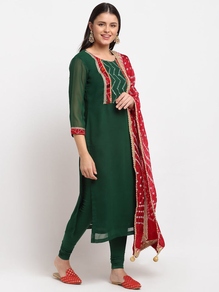 anokherang Combos Emerald Green Georgette Mirror Kurti with Churidaar and Red Bandhani Dupatta