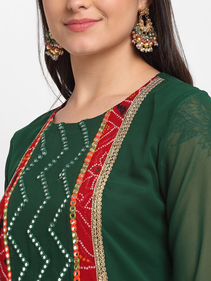 anokherang Combos Emerald Green Georgette Mirror Kurti with Churidaar and Red Bandhani Dupatta