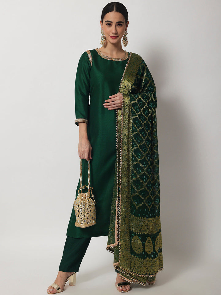 anokherang Combos Emerald Green Silk Straight Kurti with Straight Pants and Banarasi Bandhej Dupatta