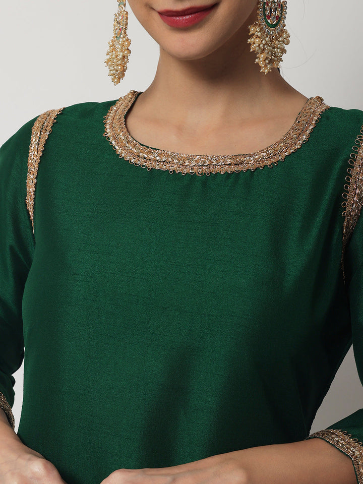 anokherang Combos Emerald Green Silk Straight Kurti with Straight Pants and Banarasi Bandhej Dupatta