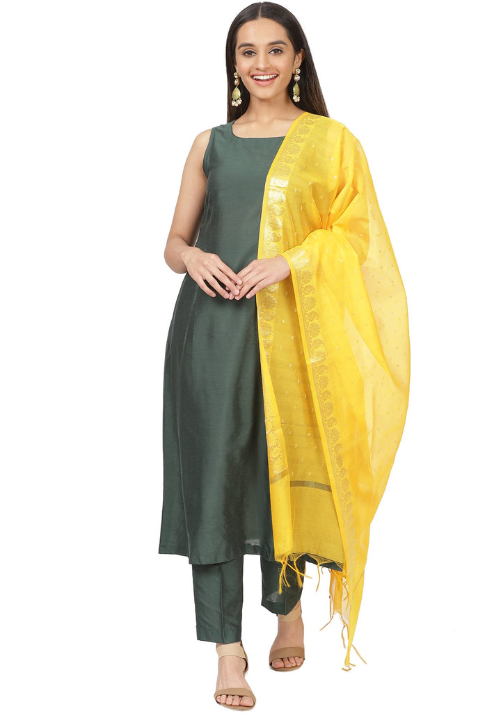 anokherang Combos Emerald Green Sleeveless A-Line Kurti and Straight Pants and Mustard Chanderi Dupatta