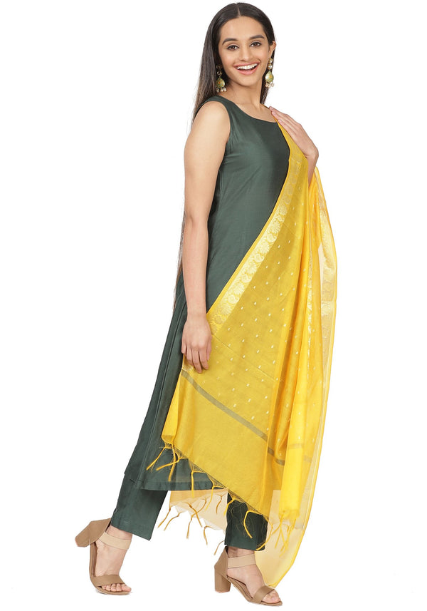 anokherang Combos Emerald Green Sleeveless A-Line Kurti and Straight Pants and Mustard Chanderi Dupatta