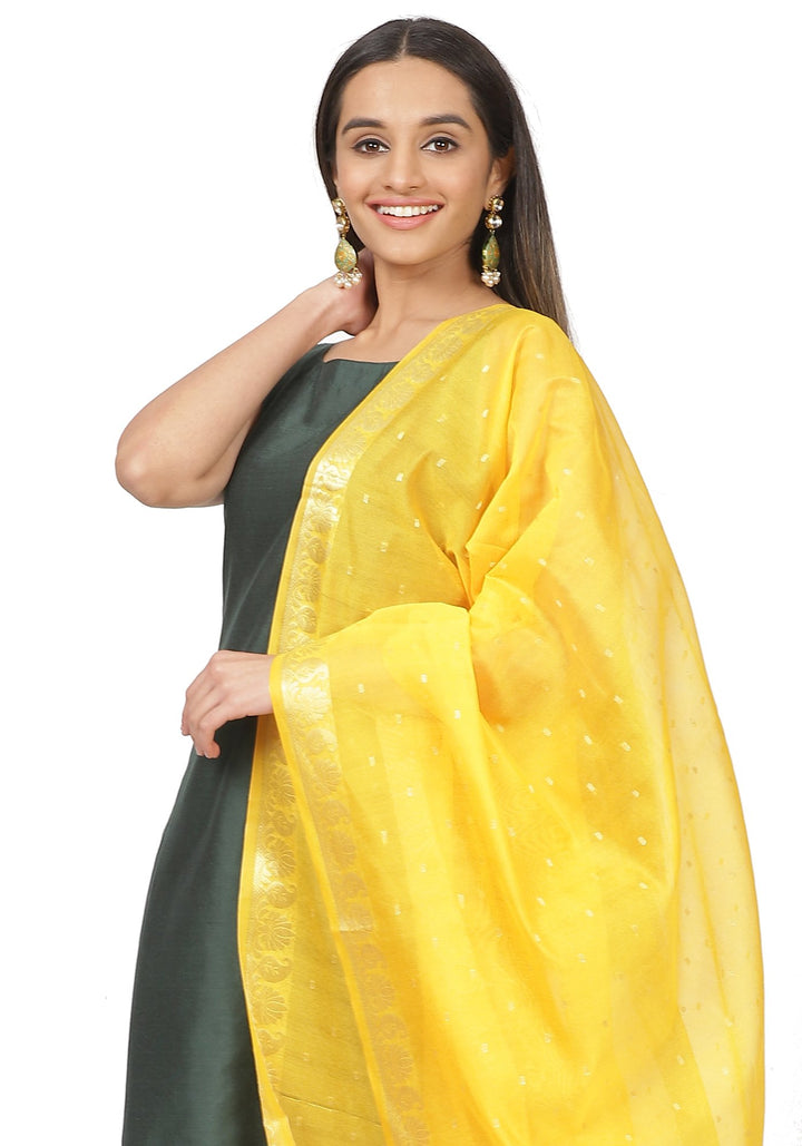 anokherang Combos Emerald Green Sleeveless A-Line Kurti and Straight Pants and Mustard Chanderi Dupatta