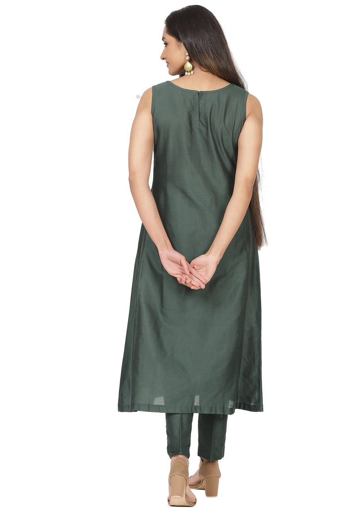 anokherang Combos Emerald Green Sleeveless A-Line Kurti and Straight Pants and Mustard Chanderi Dupatta