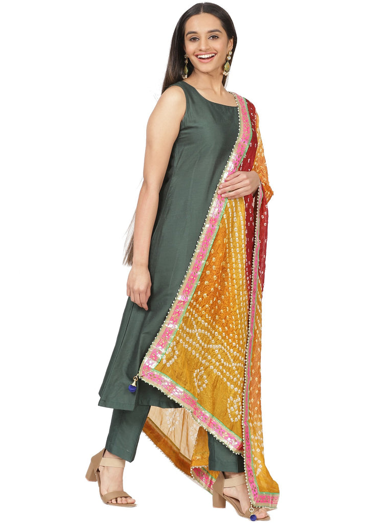 anokherang Combos Emerald Green Sleeveless Straight Kurti and Straight Pants and Multicolor Bandhani Dupatta