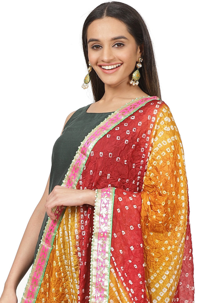 anokherang Combos Emerald Green Sleeveless Straight Kurti and Straight Pants and Multicolor Bandhani Dupatta