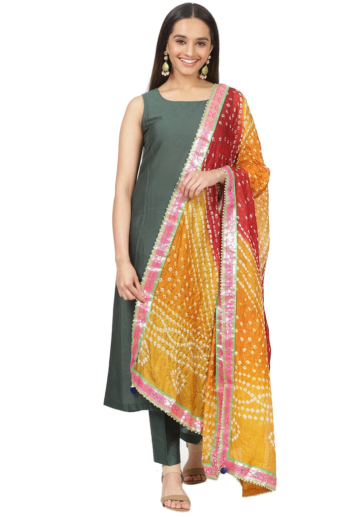 anokherang Combos Emerald Green Sleeveless Straight Kurti and Straight Pants and Multicolor Bandhani Dupatta