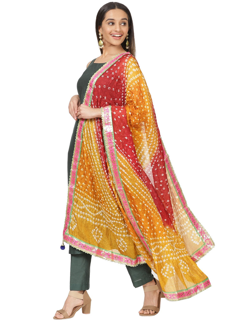 anokherang Combos Emerald Green Sleeveless Straight Kurti and Straight Pants and Multicolor Bandhani Dupatta