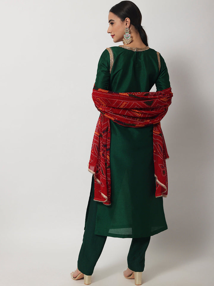 anokherang Combos Emerald Green Straight Kurti with Straight Pants and Bandhani Dupatta