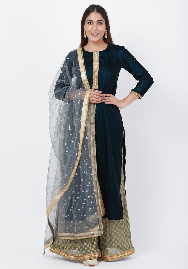 anokherang Combos Empress Teal Gold Velvet Kundan Kurti with Banarsi Palazzo and Sequenced Dupatta