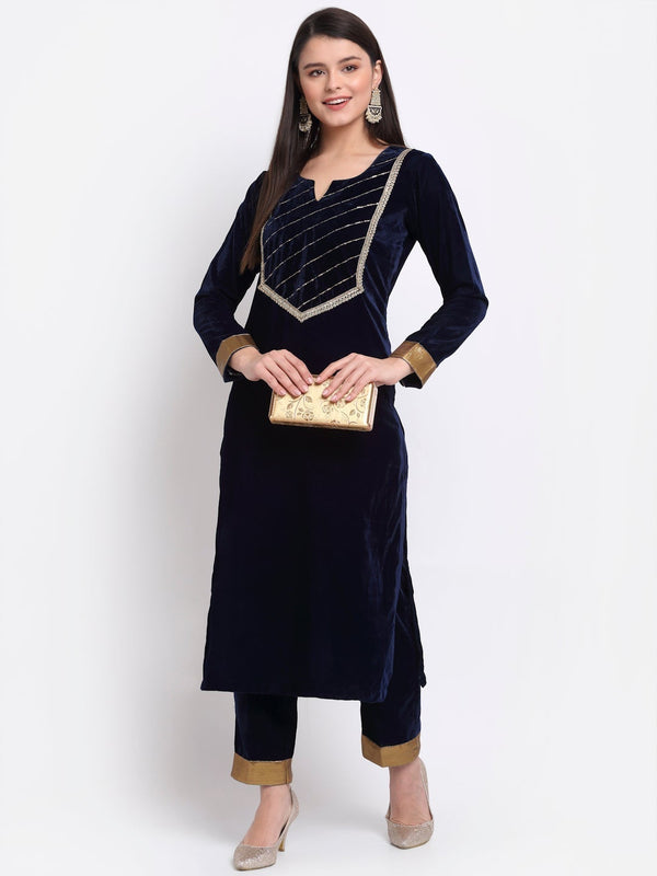anokherang Combos Exquisite Blue Zari Embroidered Velvet Kurti with Gota Pants