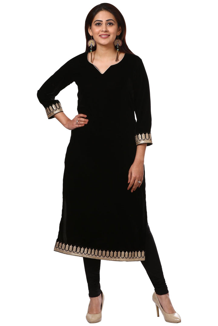 anokherang Combos Festive Black Straight Velvet Kurta with Black Leggings