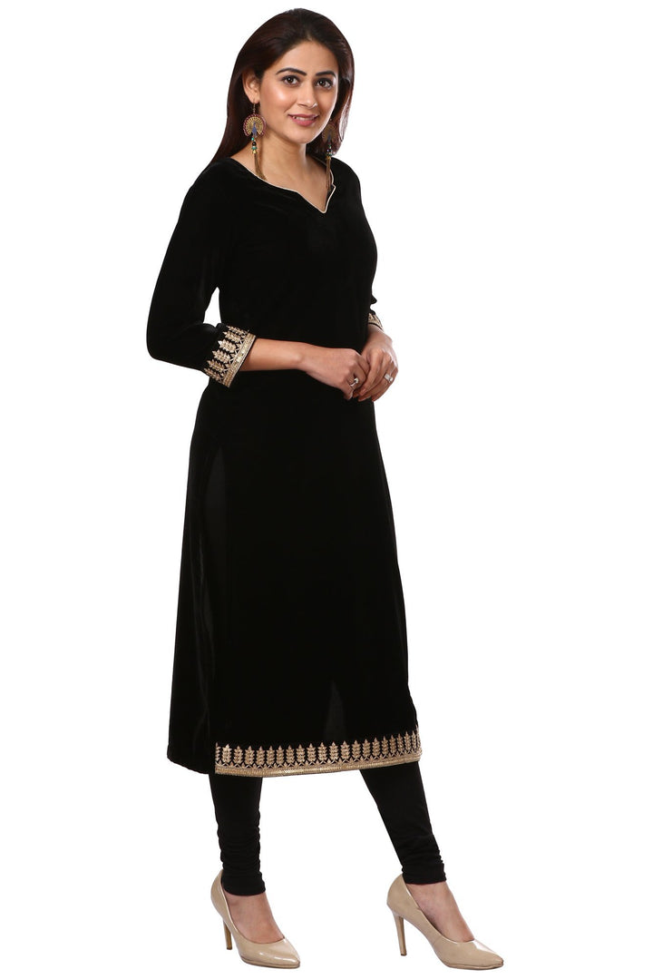 anokherang Combos Festive Black Straight Velvet Kurta with Black Leggings
