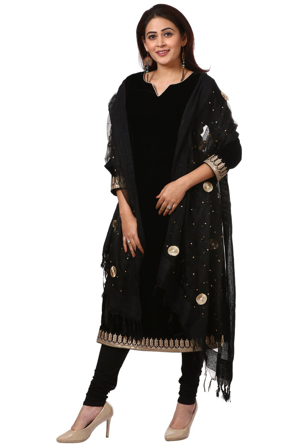 Festive Black Straight Velvet Kurti with Black Leggings and Black Gotta Flower Organza Dupatta