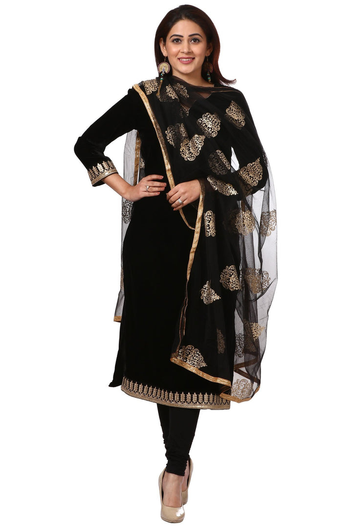 anokherang Combos Festive Black Straight Velvet Kurta with Black Leggings and Black Net Gold Thread Embroidered Dupatta