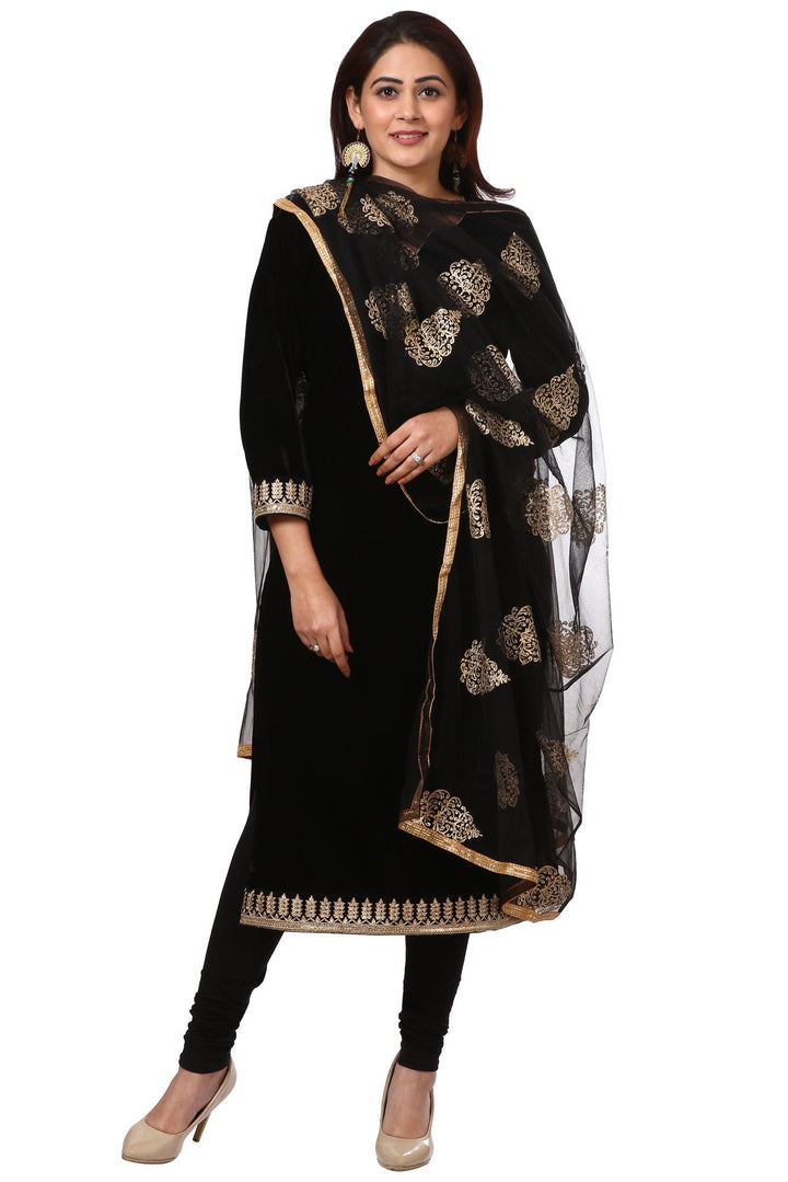 anokherang Combos Festive Black Straight Velvet Kurta with Black Leggings and Black Net Gold Thread Embroidered Dupatta
