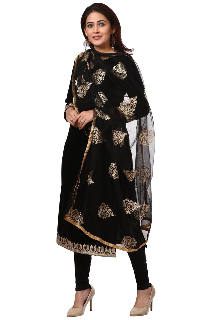 anokherang Combos Festive Black Straight Velvet Kurta with Black Leggings and Black Net Gold Thread Embroidered Dupatta