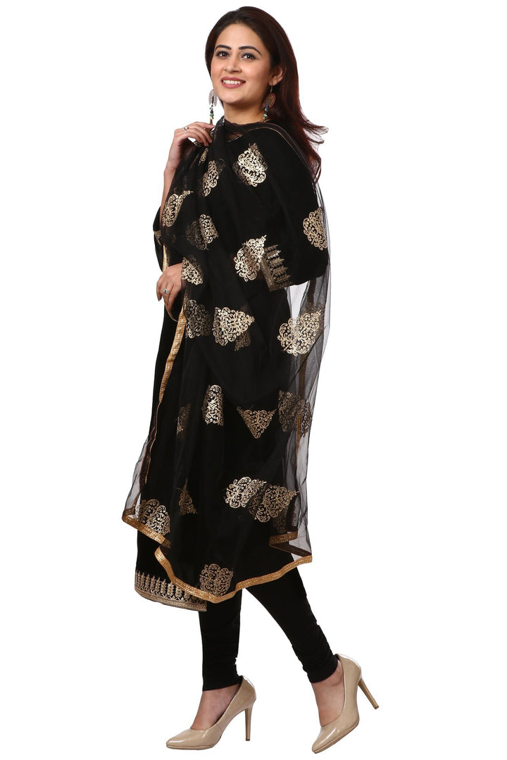 anokherang Combos Festive Black Straight Velvet Kurta with Black Leggings and Black Net Gold Thread Embroidered Dupatta