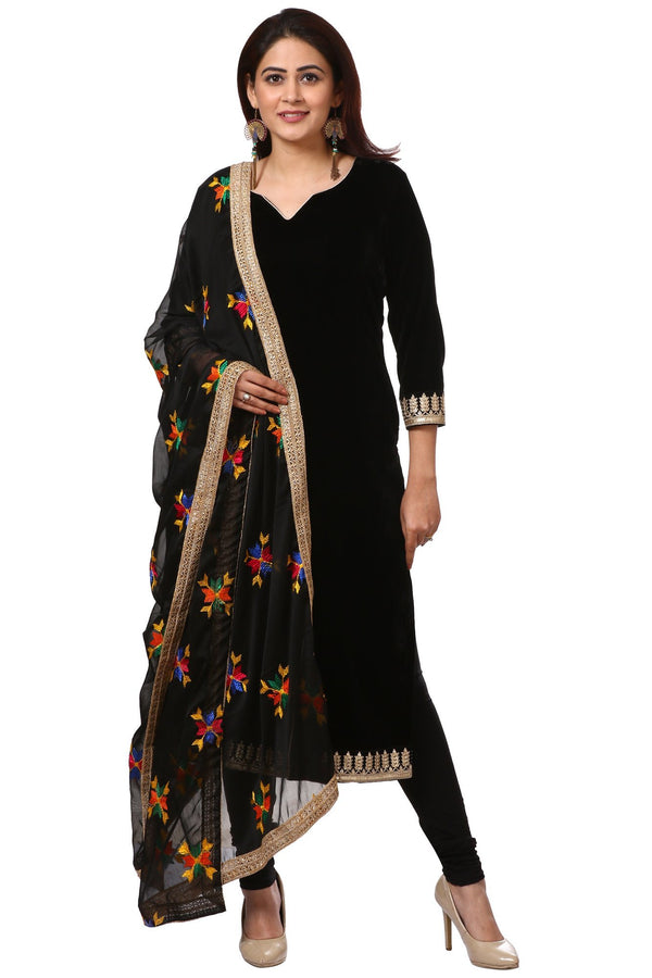 anokherang Combos Festive Black Straight Velvet Kurta with Black Leggings and Black Phulkari Chiffon Dupatta