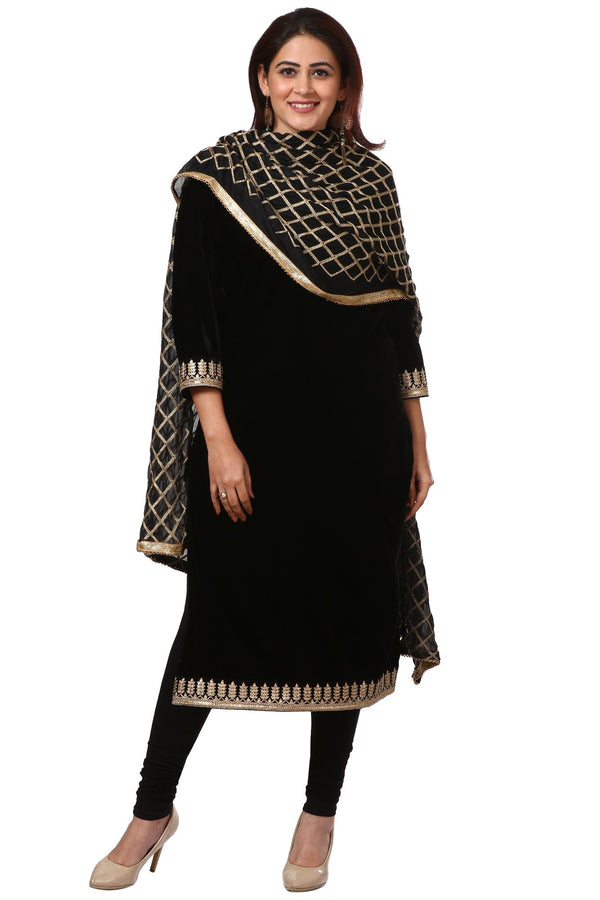 anokherang Combos Festive Black Straight Velvet Kurta with Black Leggings and Ebony Black Diamond Dupatta