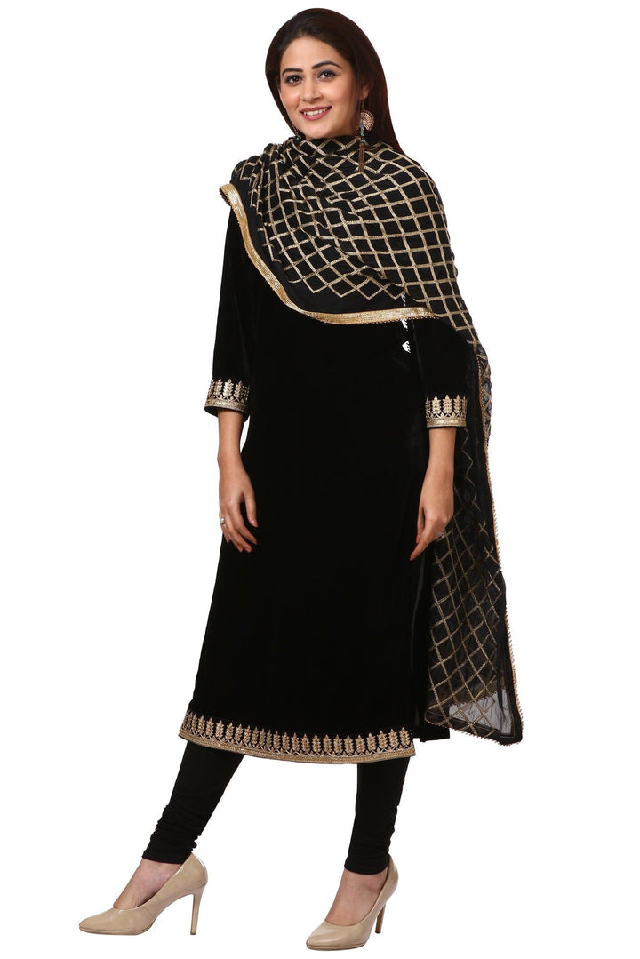 anokherang Combos Festive Black Straight Velvet Kurta with Black Leggings and Ebony Black Diamond Dupatta