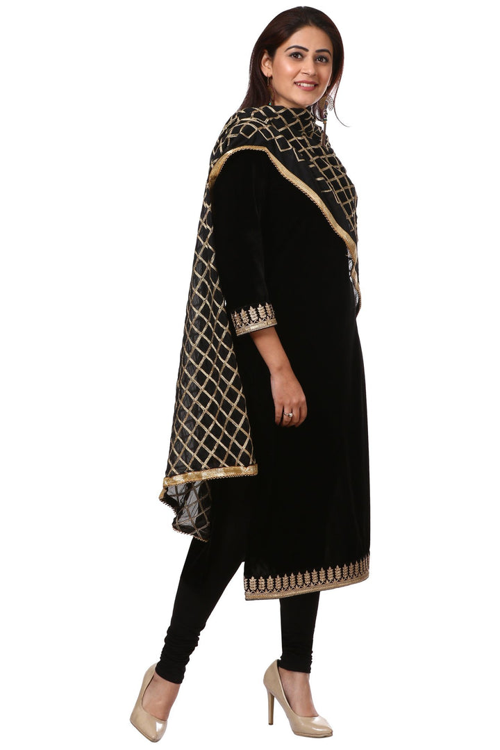 anokherang Combos Festive Black Straight Velvet Kurta with Black Leggings and Ebony Black Diamond Dupatta
