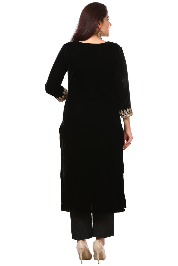 anokherang Combos Festive Black Straight Velvet Kurta with Straight Pants and  Black Net Gold Thread Embroidered Dupatta