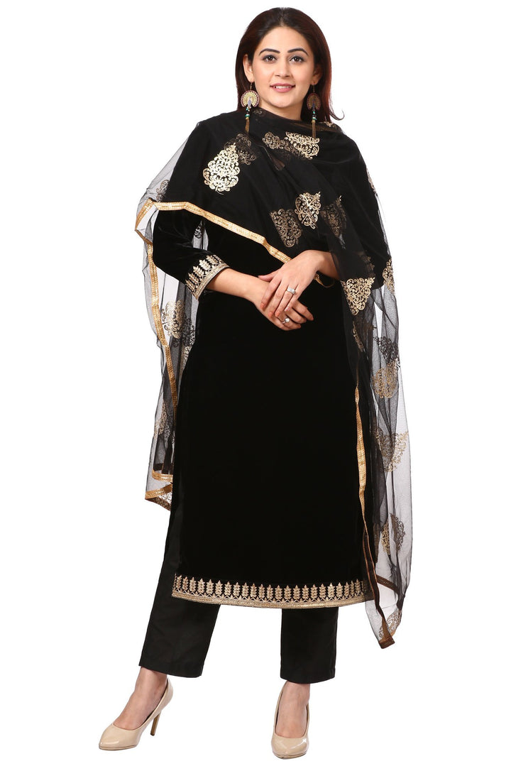 anokherang Combos Festive Black Straight Velvet Kurta with Straight Pants and  Black Net Gold Thread Embroidered Dupatta