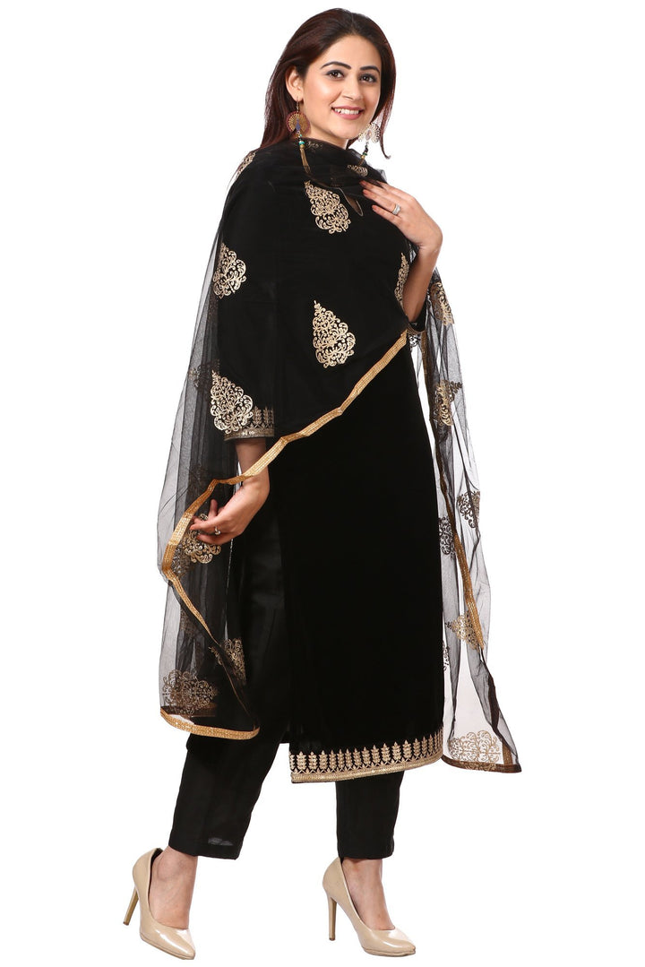 anokherang Combos Festive Black Straight Velvet Kurta with Straight Pants and  Black Net Gold Thread Embroidered Dupatta