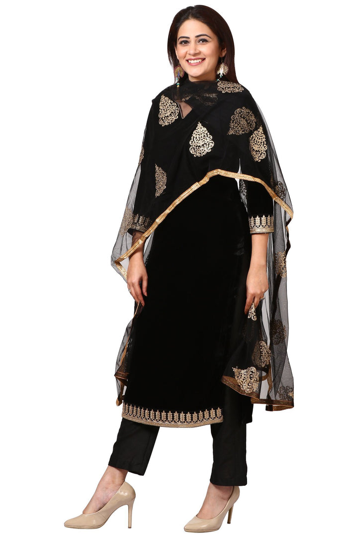 anokherang Combos Festive Black Straight Velvet Kurta with Straight Pants and  Black Net Gold Thread Embroidered Dupatta