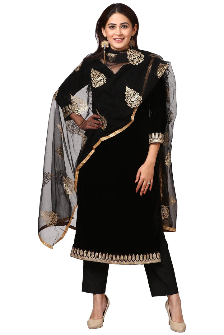 anokherang Combos Festive Black Straight Velvet Kurta with Straight Pants and  Black Net Gold Thread Embroidered Dupatta