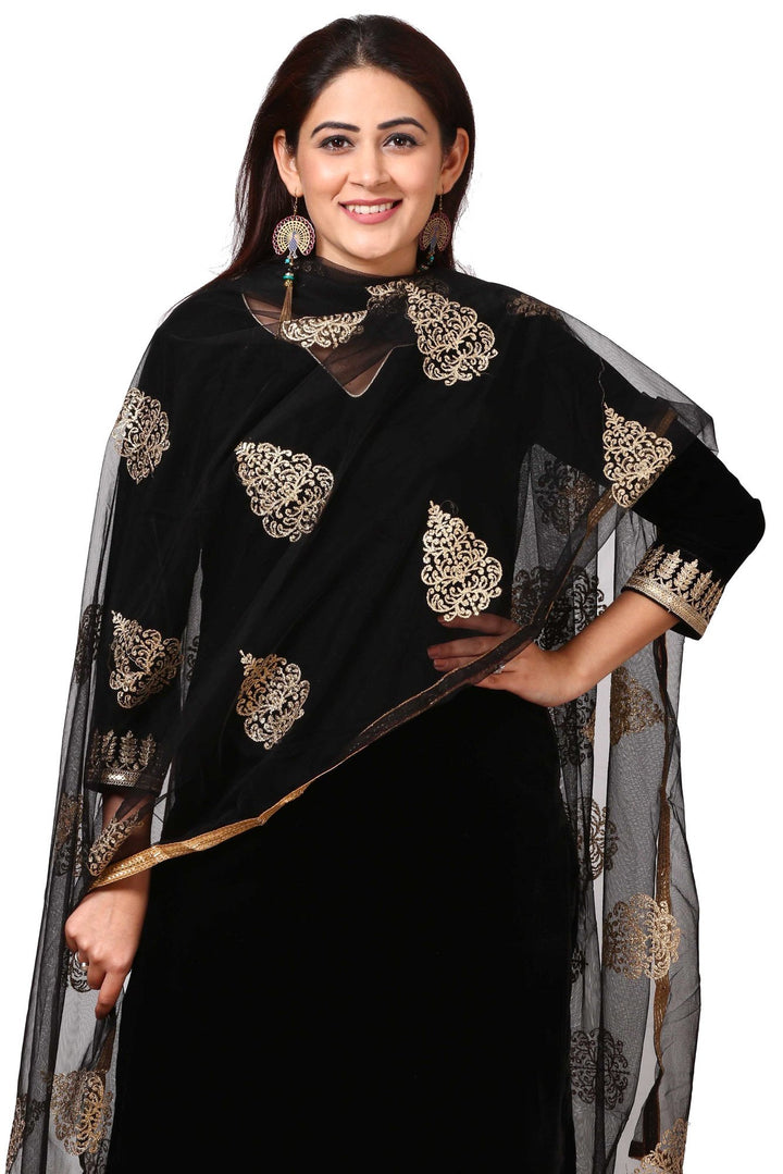 anokherang Combos Festive Black Straight Velvet Kurta with Straight Pants and  Black Net Gold Thread Embroidered Dupatta