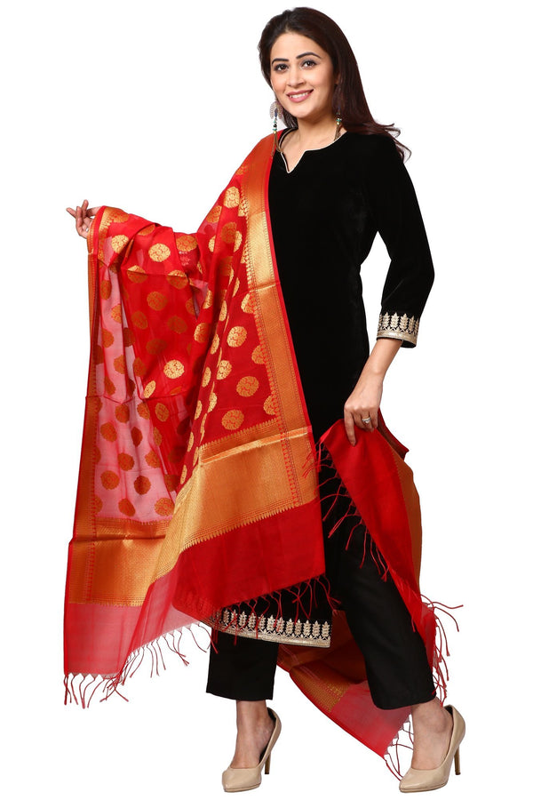 anokherang Combos Festive Black Straight Velvet Kurta with Straight Pants and Red Banarsi Dupatta