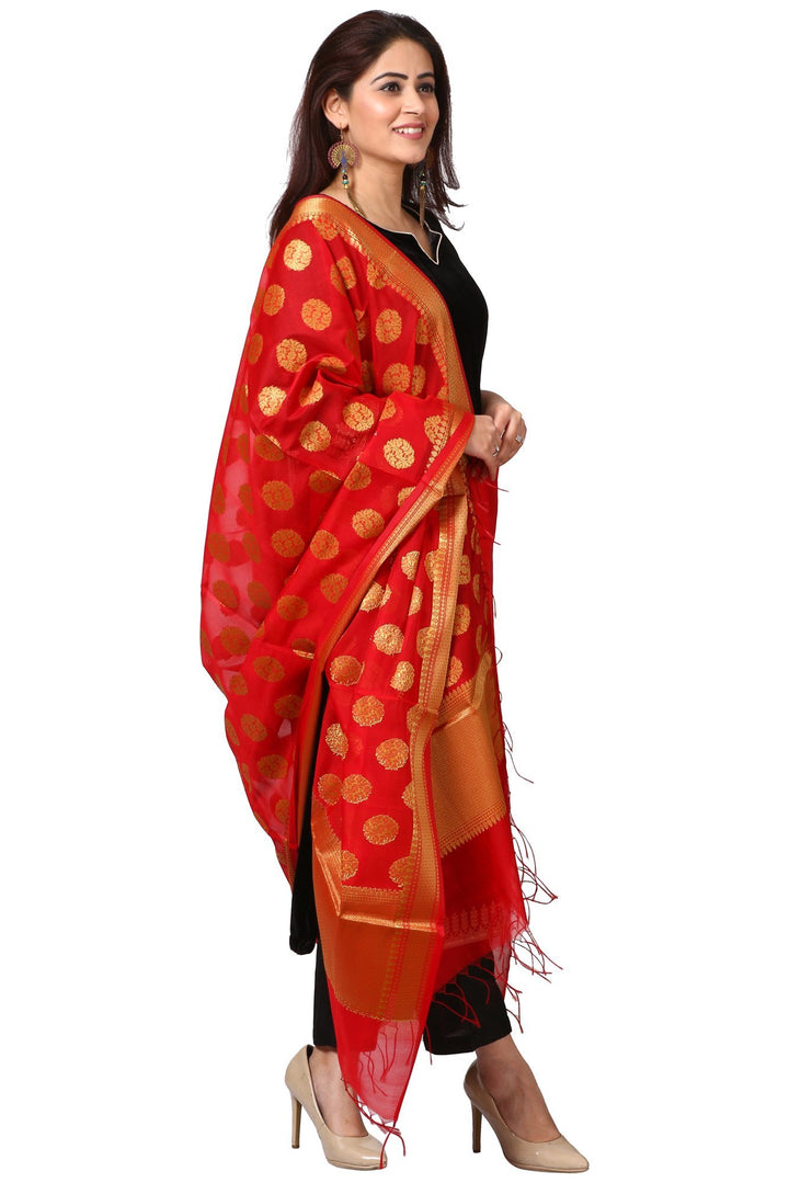 anokherang Combos Festive Black Straight Velvet Kurta with Straight Pants and Red Banarsi Dupatta