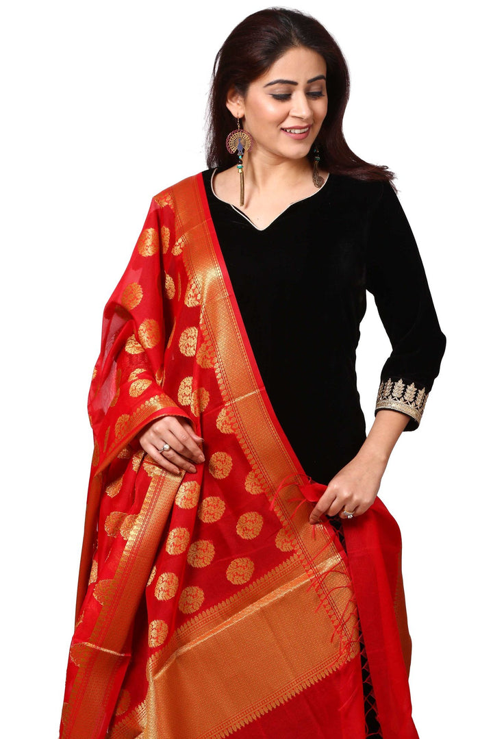 anokherang Combos Festive Black Straight Velvet Kurta with Straight Pants and Red Banarsi Dupatta