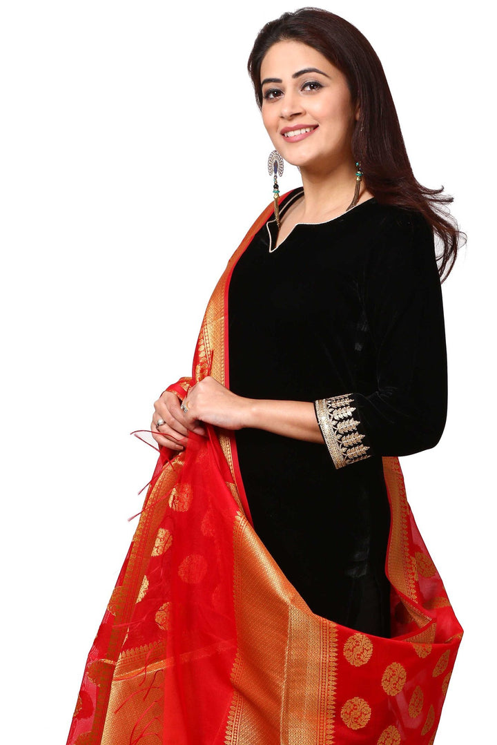 anokherang Combos Festive Black Straight Velvet Kurta with Straight Pants and Red Banarsi Dupatta