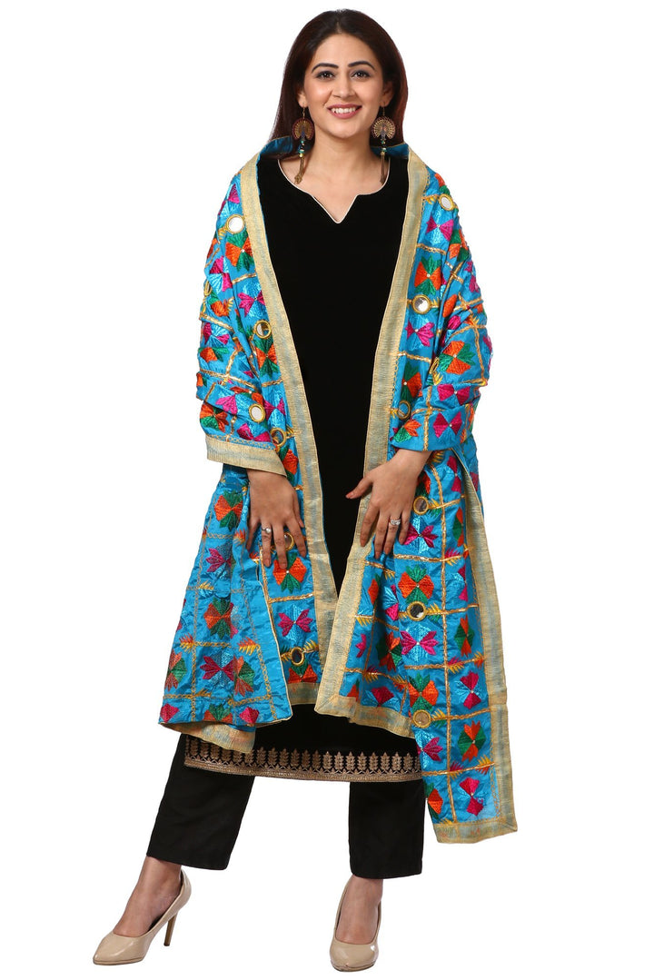 anokherang Combos Festive Black Straight Velvet Kurta with Straight Pants and  Turquoise Blue Floral Phulkari Dupatta