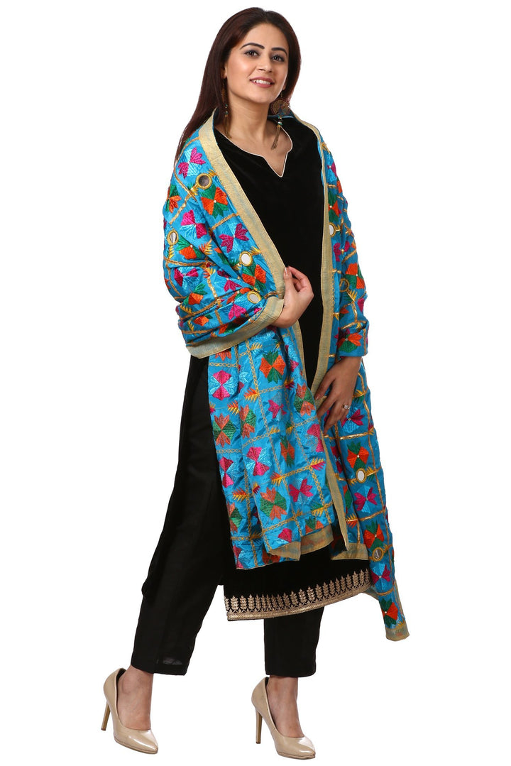 anokherang Combos Festive Black Straight Velvet Kurta with Straight Pants and  Turquoise Blue Floral Phulkari Dupatta