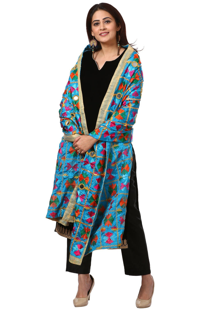 anokherang Combos Festive Black Straight Velvet Kurta with Straight Pants and  Turquoise Blue Floral Phulkari Dupatta