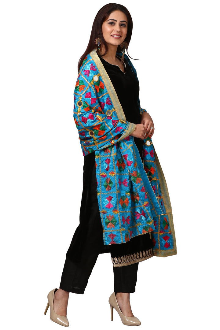 anokherang Combos Festive Black Straight Velvet Kurta with Straight Pants and  Turquoise Blue Floral Phulkari Dupatta