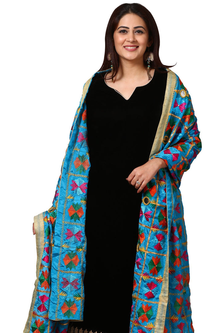 anokherang Combos Festive Black Straight Velvet Kurta with Straight Pants and  Turquoise Blue Floral Phulkari Dupatta