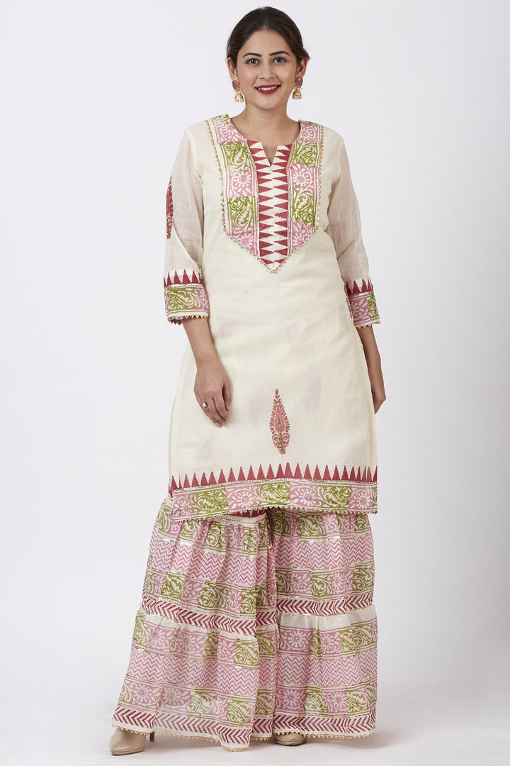 anokherang Combos Festive Green Pink Block Printed Kurti with Gathered Sharara