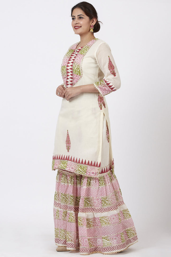 anokherang Combos Festive Green Pink Block Printed Kurti with Gathered Sharara