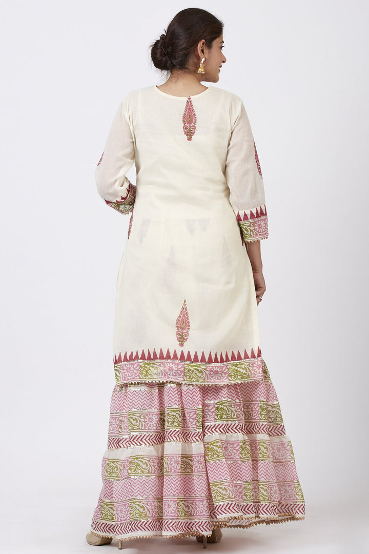 anokherang Combos Festive Green Pink Block Printed Kurti with Gathered Sharara