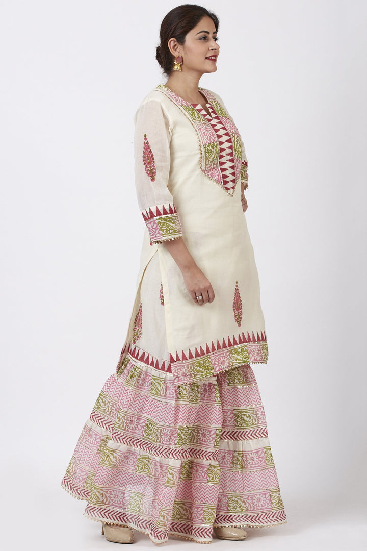anokherang Combos Festive Green Pink Block Printed Kurti with Gathered Sharara