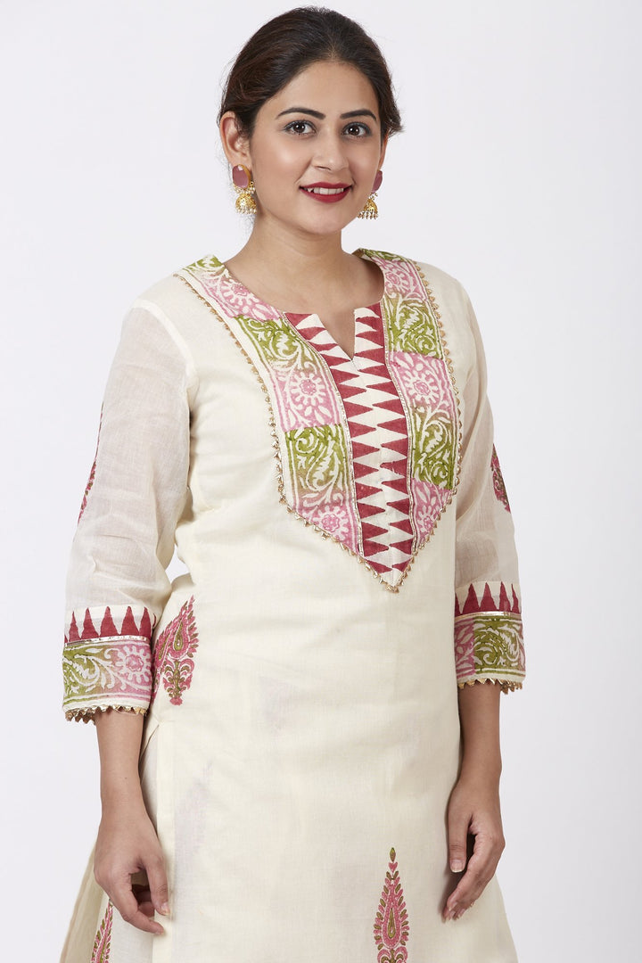 anokherang Combos Festive Green Pink Block Printed Kurti with Gathered Sharara