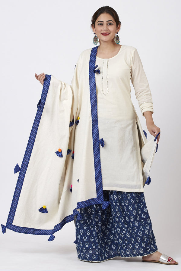 anokherang Combos Festive OffWhite Kurti with Indigo Festive Sharara and Pom Pom Cotton Dupatta