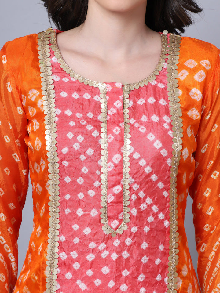 anokherang Combos Festive Orange Coral Bandhani Kurti with Straight Pants